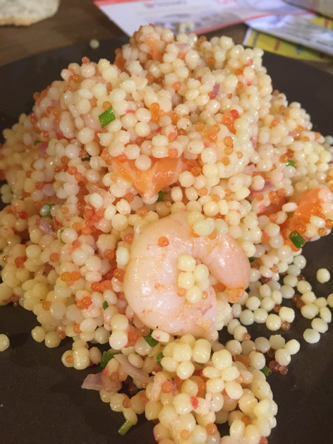 Salad with pearls, salmon and prawns